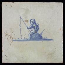 White tile with blue fishing putto, wall tile tile sculpture ceramic earthenware glaze, baked 2x glazed painted
