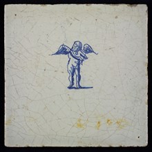 White tile with blue putto, wall tile tile sculpture ceramic earthenware glaze, baked 2x glazed painted