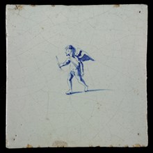 White tile with blue putto, wall tile tile sculpture ceramic earthenware glaze, baked 2x glazed painted