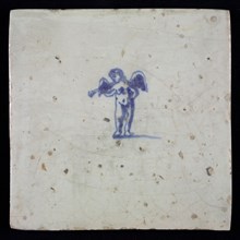 White tile with in blue putto with trumpet, wall tile tile sculpture ceramic earthenware glaze, baked 2x glazed painted music