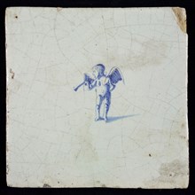White tile with blue putto with horn, wall tile tile sculpture ceramic earthenware glaze, baked 2x glazed painted