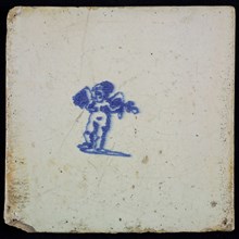 White tile with blue putto, wall tile tile sculpture ceramic earthenware glaze, baked 2x glazed painted, I