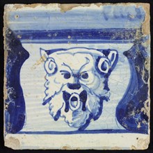 Tile of chimney pilaster, blue on white, part of column with base on which horned lion's head with ring, chimney pilaster tile