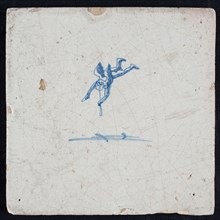 White tile with blue flying putto, wall tile tile sculpture ceramic earthenware glaze, baked 2x glazed painted