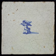 White tile with blue putto, wall tile tile sculpture ceramic earthenware glaze, baked 2x glazed painted