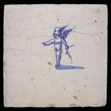 White tile with blue putto, wall tile tile sculpture ceramic earthenware glaze, baked 2x glazed painted