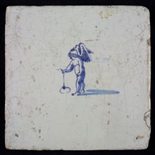 White tile with blue putto, wall tile tile sculpture ceramic earthenware glaze, baked 2x glazed painted