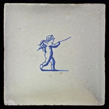 White tile with blue putto, wall tile tile sculpture ceramic earthenware glaze, baked 2x glazed painted