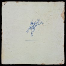 White tile with blue flying putto, wall tile tile sculpture ceramic earthenware glaze, baked 2x glazed painted