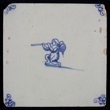 White tile with blue kneeling putto with wind instrument, corner motif spider, wall tile tile sculpture ceramic earthenware