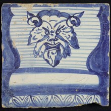 Tile of chimney pilaster, blue on white, part of striped column with base on which horned lion's head, floral border, chimney