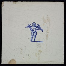 White tile with blue putto with wind instrument, wall tile tile sculpture ceramics pottery glaze, baked 2x glazed painted music