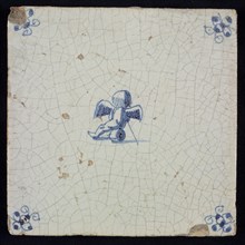 White tile with blue seated putto; corner motif spider, wall tile tile sculpture ceramic earthenware glaze, baked 2x glazed