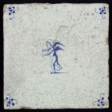 White tile with blue putto; corner motif spider, wall tile tile sculpture ceramic earthenware glaze, baked 2x glazed painted