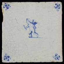 White tile with blue cupid with arrow; corner motif spider, wall tile tile sculpture ceramic earthenware glaze, baked 2x glazed