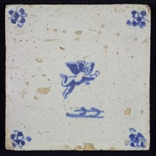 White tile with blue flying putto; corner motif spider, wall tile tile sculpture ceramic earthenware glaze, baked 2x glazed