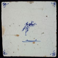 White tile with blue flying putto with wind instrument; corner motif spider, wall tile tile sculpture ceramics pottery glaze