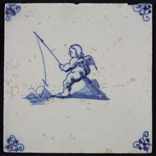 White tile with blue fishing putto; corner motif spider, wall tile tile sculpture ceramic earthenware glaze, baked 2x glazed