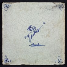 White tile with blue flying putto with wind instrument; corner motif spider, wall tile tile sculpture ceramic earthenware glaze