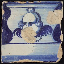 Tile of chimney pilaster, blue on white, part of column with base on which winged cherub, chimney pilaster tile pilaster footage