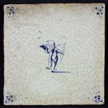 White tile with blue cupid with bow and arrow; corner motif spider, wall tile tile sculpture ceramic earthenware glaze, baked 2x
