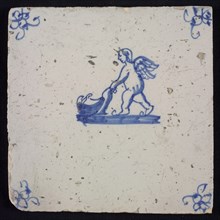 White tile with blue putto; corner motif spider, wall tile tile sculpture ceramic earthenware glaze, baked 2x glazed painted