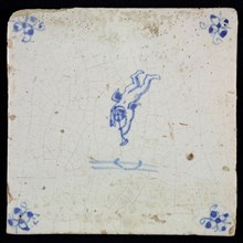 White tile with blue flying putto with wind instrument; corner motif spider, wall tile tile sculpture ceramics pottery glaze