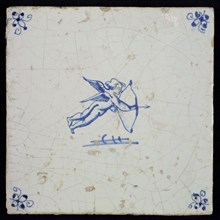 White tile with blue flying cupid with bow and arrow; corner motif spider, wall tile tile sculpture ceramic earthenware glaze