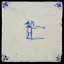 White tile with blue putto with wind instrument; corner motif spider, wall tile tile sculpture ceramic earthenware glaze, baked