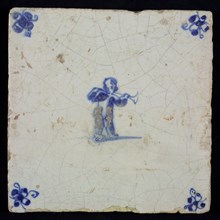 White tile with blue putto with wind instrument; corner motif spider, wall tile tile sculpture ceramics pottery glaze, baked 2x