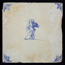 White tile with blue cupid with bow and arrow; corner pattern ox head, wall tile tile sculpture ceramic earthenware glaze, baked
