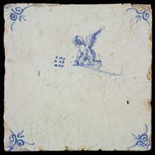 White tile with blue putto; corner pattern ox head, wall tile tile sculpture ceramic earthenware glaze, baked 2x glazed painted