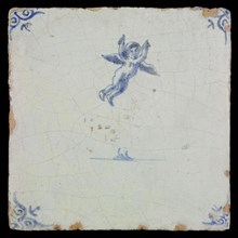 White tile with blue flying putto; corner pattern ox head, wall tile tile sculpture ceramic earthenware glaze, baked 2x glazed