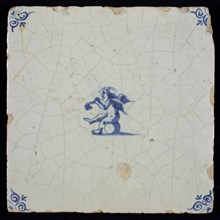 White tile with blue seated putto; corner pattern ox head, wall tile tile sculpture ceramic earthenware glaze, baked 2x glazed
