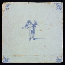 Light blue tile with blue putto with wind instrument; corner pattern ox head, wall tile tile sculpture ceramic earthenware glaze