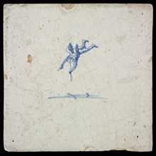 White tile with blue putto; corner design no, wall tile tile sculpture ceramic earthenware glaze, baked 2x glazed painted