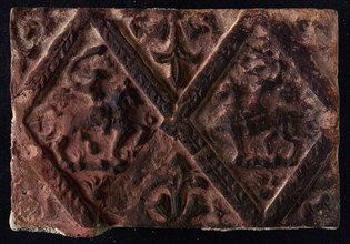 Hearthstone, from Antwerp Belgium, without frame, with two knights on horseback, fireplace stone part ceramics brick, baked