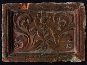 Hearthstone, Luiks, from Luik, Liege Belgium, with wide frame, with floral motifs, hearth fireplace component ceramics brick