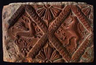 Hearthstone, from Antwerp Belgium, without frame, with winged deer and lion, hearth fireplace component ceramics brick, baked