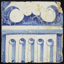 Tile of chimney pilaster, blue on white, part of column with cannelure and capital, chimney pilaster tile pilaster footage