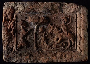 Hearthstone, Luiks, from Luik, Liege Belgium, with wide frame, with Sint Joris, hearth fireplace part ceramics brick, fired