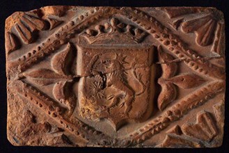 Hearthstone, from Antwerp Belgium, without frame, with crowned coat of arms, fireplace hearth part ceramic brick, baked Hearth