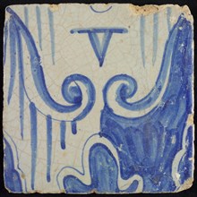 Tile of chimney pilaster, blue on white, part of capitals with stylized triangular navel and groin curls of caryatid, chimney