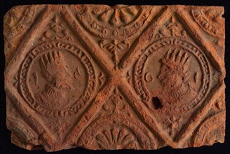 Hearthstone, from Antwerp Belgium, without frame, with crowned male and female head, hearth fireplace component ceramics brick