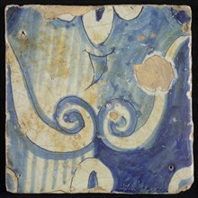 Tile of chimney pilaster, blue on white, part of capitals with stylized triangular navel and groin curls of caryatid, chimney