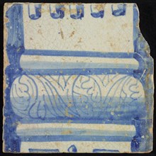 Tile of chimney pilaster, blue on white, part of column with cannelure and basement with floral decoration, chimney pilaster