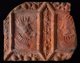 Hearthstone, from Antwerp Belgium, without frame, with crowned male and female head, hearth fireplace part ceramic brick, fried