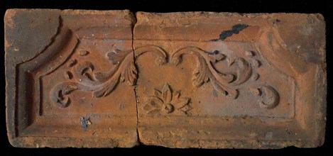 Hearthstone with acanthus leaves, hearth fireplace component ceramics brick, baked Hearth stone with wide frame with bulging