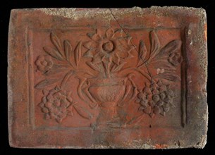 Hearthstone, Luiks, from Luik, Liege Belgium, with wide frame, vase with flowers, hearth stone fireplace part ceramic brick