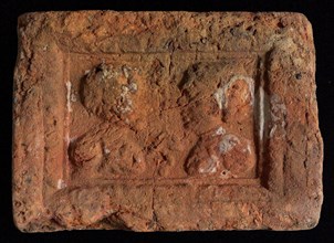 Hearthstone, Luiks, from Luik, Liege Belgium, with wide frame, with male and female head, hearth fireplace part ceramics brick